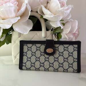 Vintage Gucci Plus Navy GG Monogram Canvas Long Bifold Wallet
